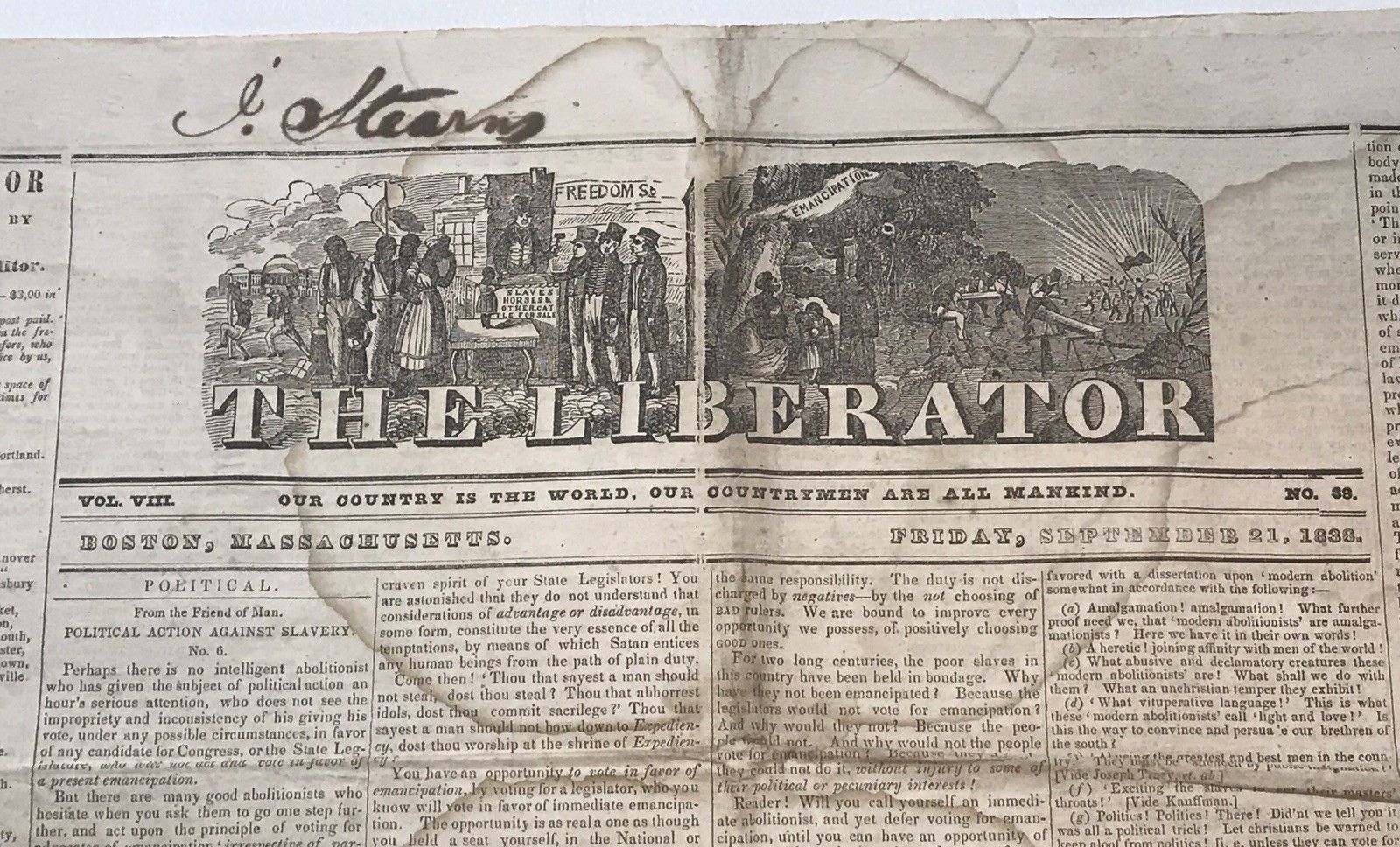 LIberator, abolitionist newspaper, 1838